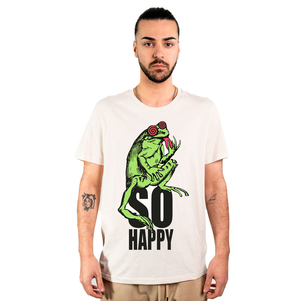 camiseta unisex So Happy con diseño sapo feliz de num wear color blanco roto algodón orgánico