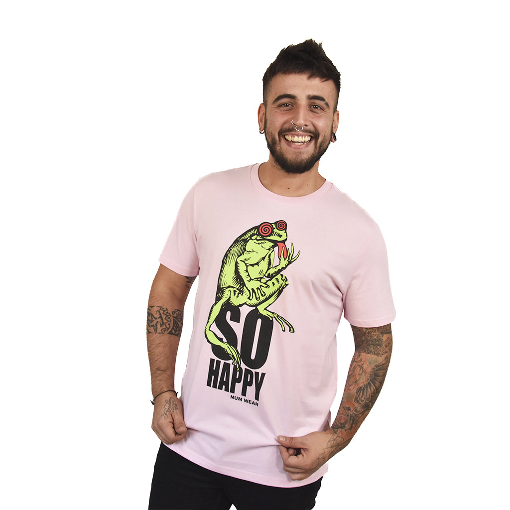 camiseta unisex So Happy con diseño sapo feliz de num wear color rosa algodón orgánico