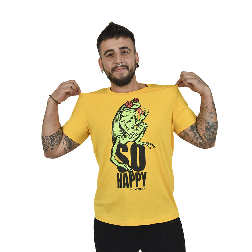 camiseta unisex So Happy con diseño sapo feliz de num wear color amarillo algodón orgánico
