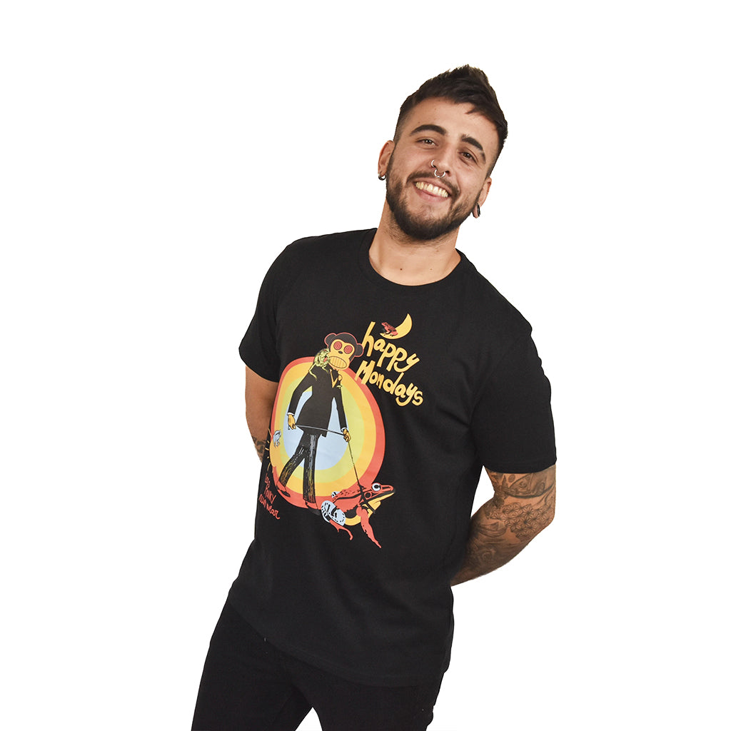 camiseta unisex de algodón orgánico color negro diseño lunes felices con sapos y arcoíris de colores by num wear
