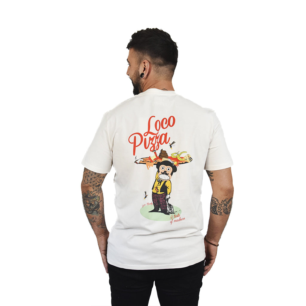 Camiseta Loco Pizza pizzería Loco Monky con logo delante y dibujo en la espalda