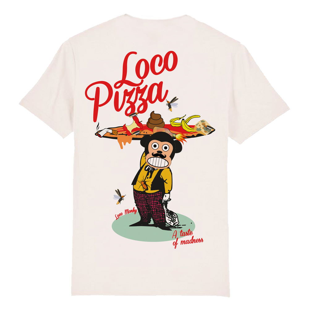 Camiseta Loco Pizza pizzería Loco Monky con logo delante y dibujo en la espalda