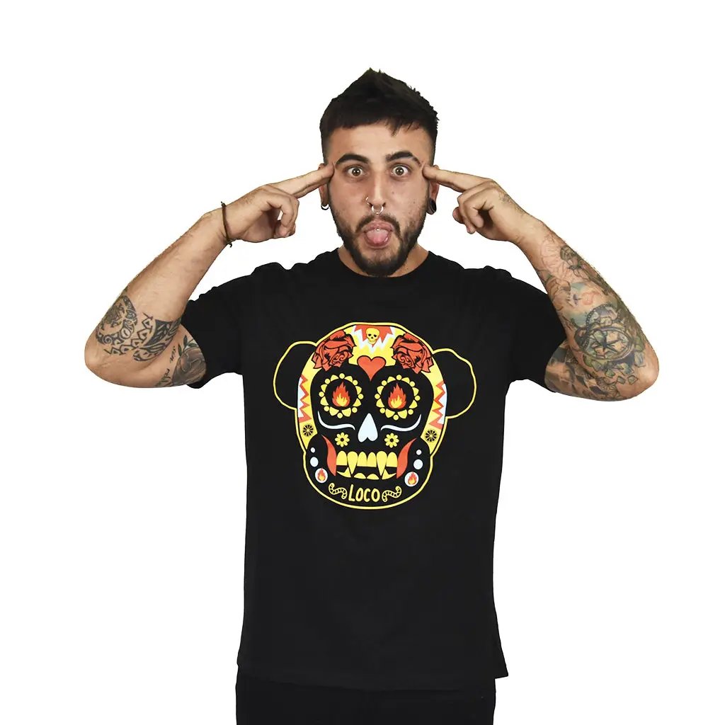camiseta negra con calavera mexicana de algodón orgánico, modelo Loco Monky de NUM wear